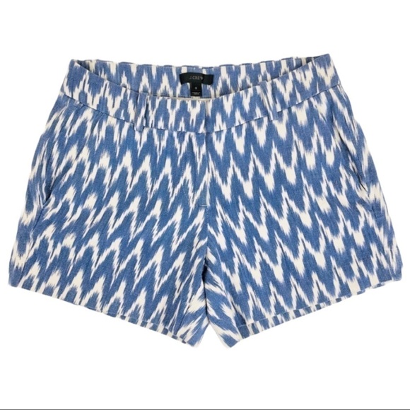 J. Crew Womens Blue & White Shorts Ikat Print Zig Zag 4" Inseam Pockets Size 0 - Picture 1 of 9